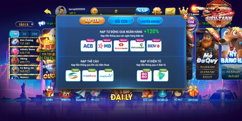 Ben Vip cung cấp nhiều kênh nạp tiền